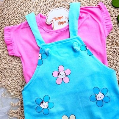  Conj. Blusa e Jardineira Gatinhas - Rosa Pink e Azul Bebê
